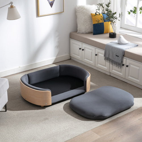 AEELLEEA Wooden Curved Pet Sofa Bed, 38.6in Raised Dog Couch, Removable Washable Cushion, Multi Color Elevated Cat Bed for Medium Pets