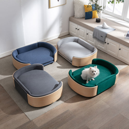 AEELLEEA Wooden Curved Pet Sofa Bed, 38.6in Raised Dog Couch, Removable Washable Cushion, Multi Color Elevated Cat Bed for Medium Pets