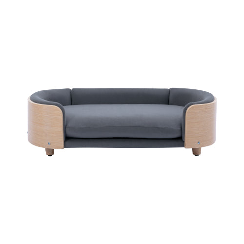 AEELLEEA Wooden Curved Pet Sofa Bed, 38.6in Raised Dog Couch, Removable Washable Cushion, Multi Color Elevated Cat Bed for Medium Pets