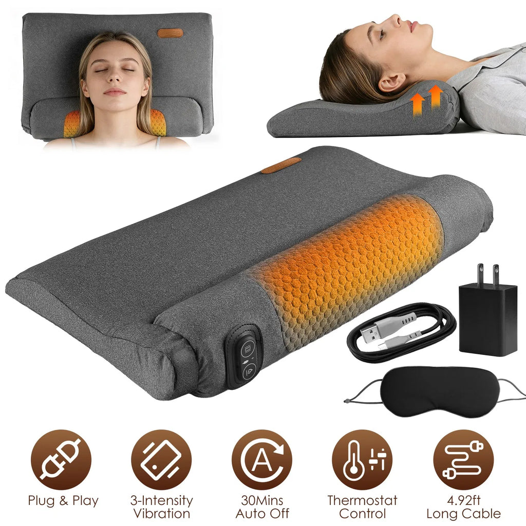AEELLEEA Heated Neck Massage Pillow, Memory Foam Vibration Neck Support Pillow, 3 Levels with Auto Timer and Eye Mask, Dark Gray