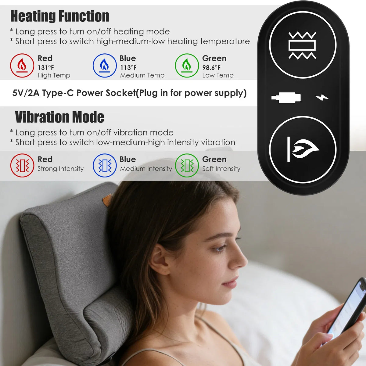 AEELLEEA Heated Neck Massage Pillow, Memory Foam Vibration Neck Support Pillow, 3 Levels with Auto Timer and Eye Mask, Dark Gray