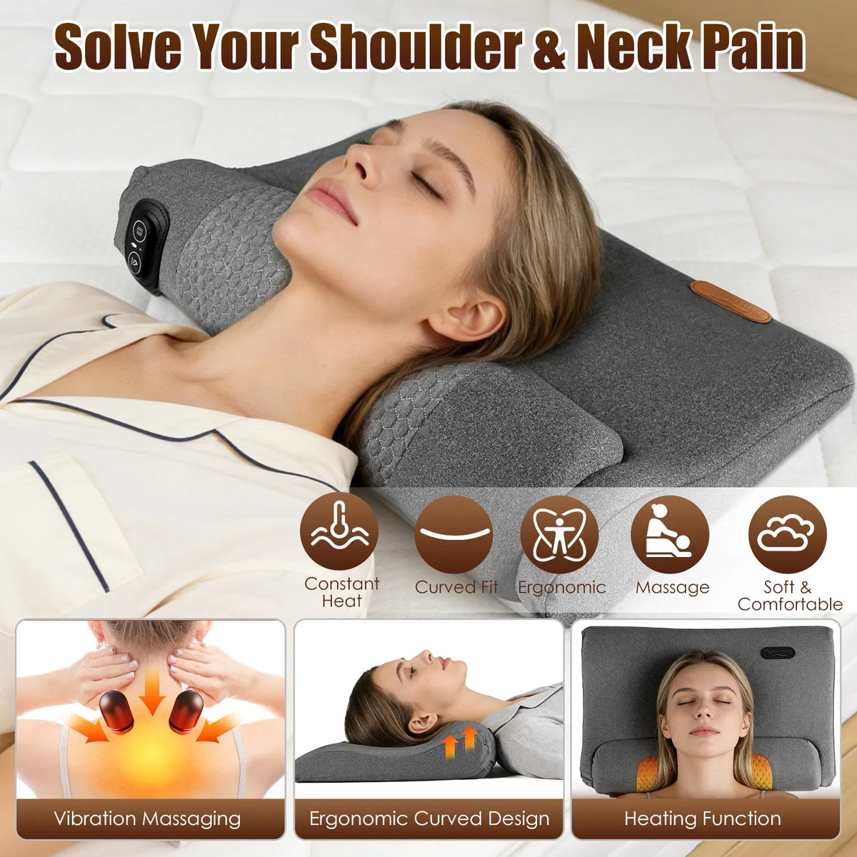 AEELLEEA Heated Neck Massage Pillow, Memory Foam Vibration Neck Support Pillow, 3 Levels with Auto Timer and Eye Mask, Dark Gray