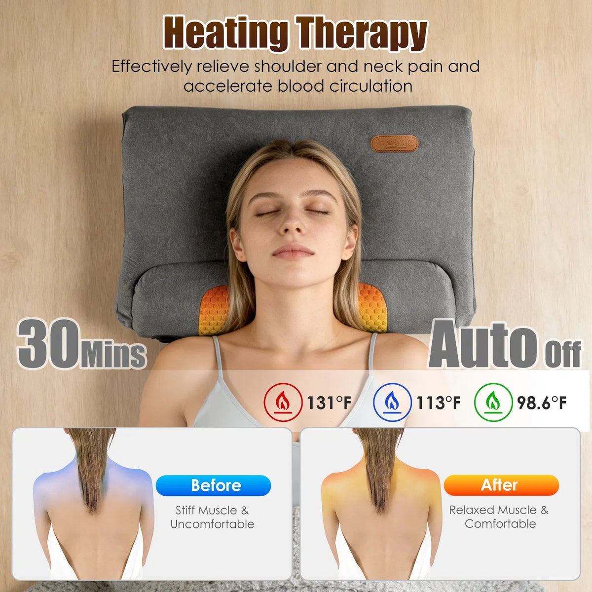 AEELLEEA Heated Neck Massage Pillow, Memory Foam Vibration Neck Support Pillow, 3 Levels with Auto Timer and Eye Mask, Dark Gray