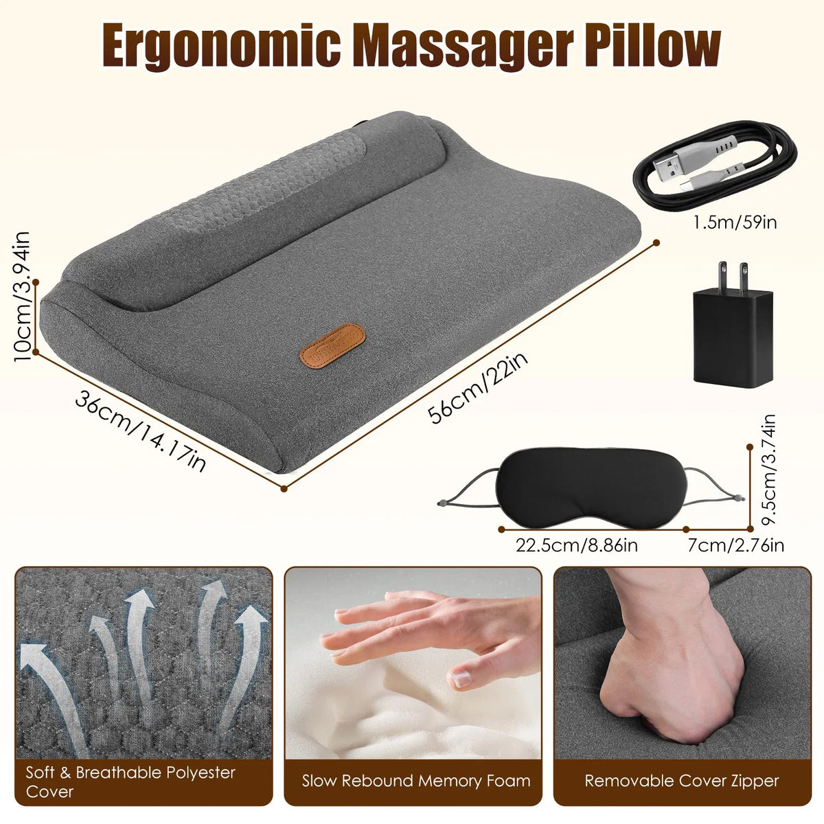 AEELLEEA Heated Neck Massage Pillow, Memory Foam Vibration Neck Support Pillow, 3 Levels with Auto Timer and Eye Mask, Dark Gray