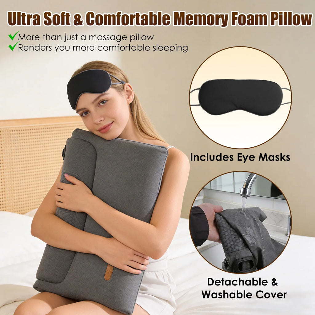 AEELLEEA Heated Neck Massage Pillow, Memory Foam Vibration Neck Support Pillow, 3 Levels with Auto Timer and Eye Mask, Dark Gray
