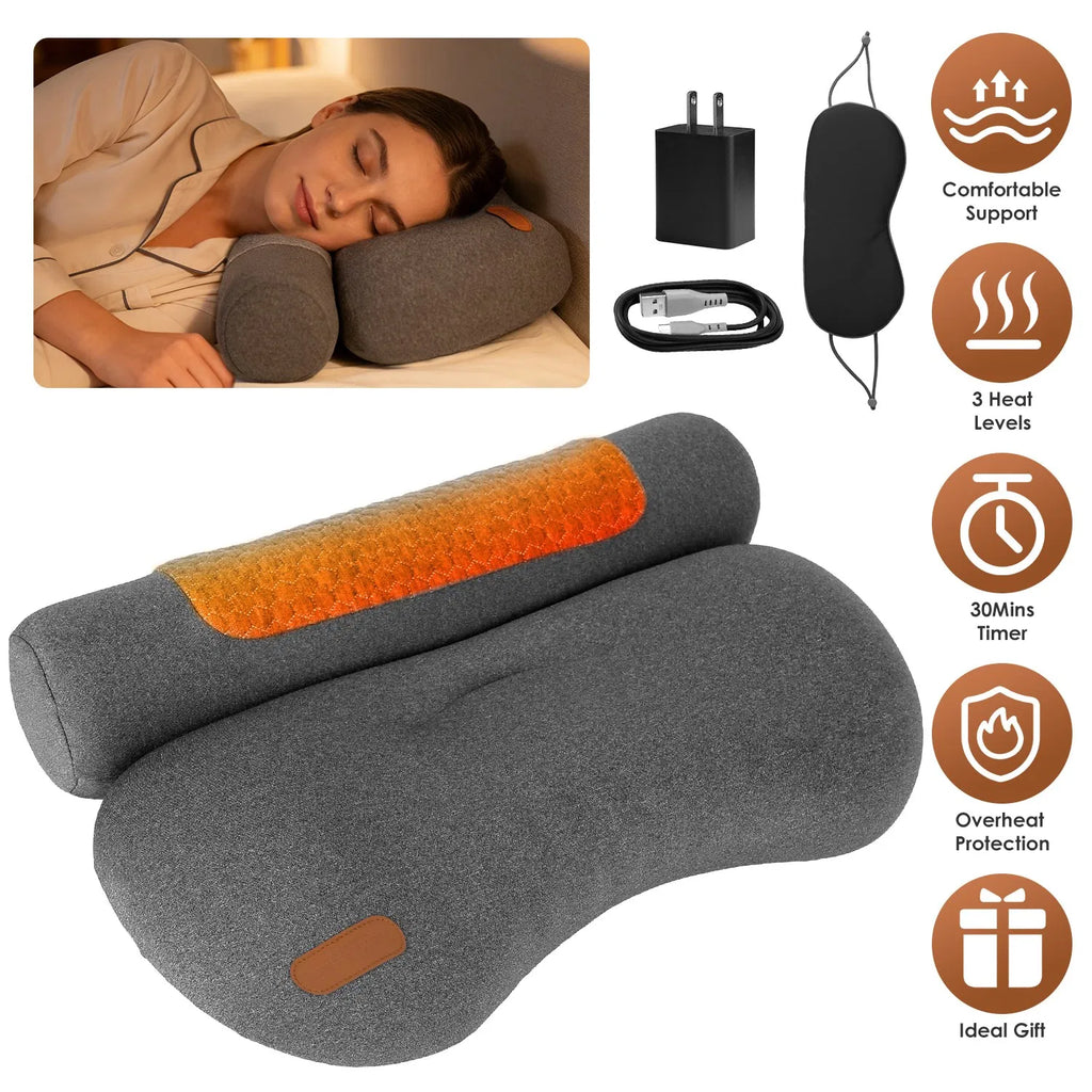 AEELLEEA Heated Memory Foam Neck Pillow, Cervical Bed Pillow with 3 Heat Levels, Auto Timer, USB Plug In, Eye Mask, Dark Gray