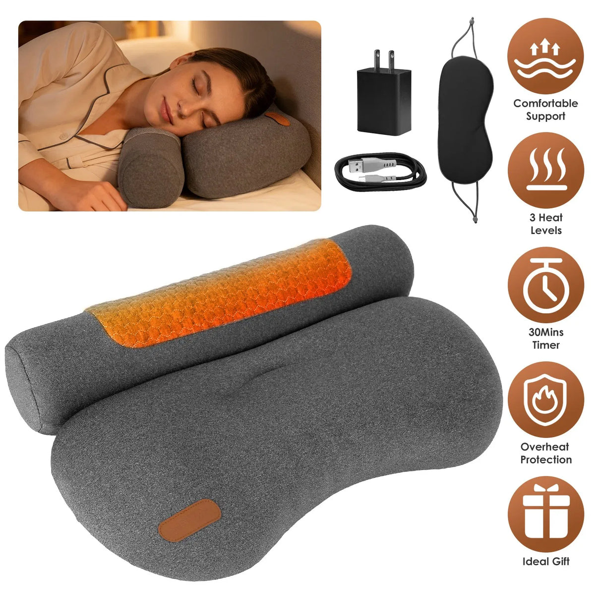 AEELLEEA Heated Memory Foam Neck Pillow, Cervical Bed Pillow with 3 Heat Levels, Auto Timer, USB Plug In, Eye Mask, Dark Gray