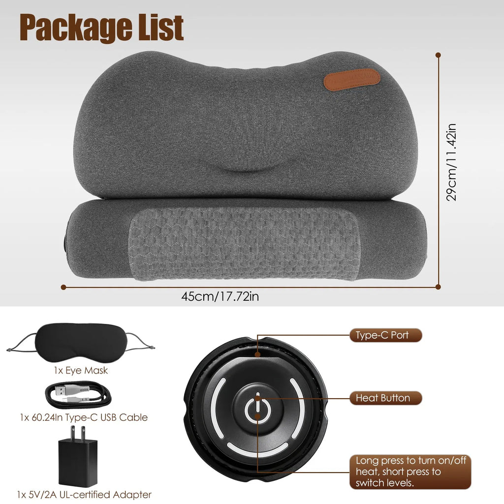 AEELLEEA Heated Memory Foam Neck Pillow, Cervical Bed Pillow with 3 Heat Levels, Auto Timer, USB Plug In, Eye Mask, Dark Gray