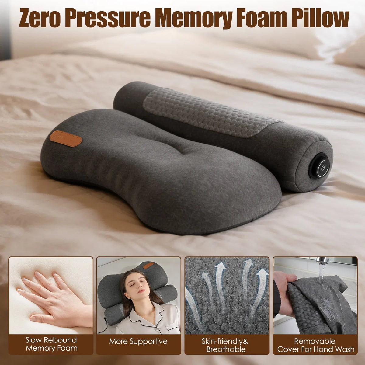 AEELLEEA Heated Memory Foam Neck Pillow, Cervical Bed Pillow with 3 Heat Levels, Auto Timer, USB Plug In, Eye Mask, Dark Gray