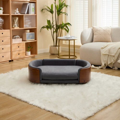 AEELLEEA Curved Wood Pet Sofa Bed, 38.6in Raised Dog Bed, Removable Washable Cushion, Mid-Century Style Elevated Cat Couch for Medium Pets