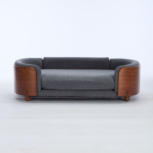 AEELLEEA Curved Wood Pet Sofa Bed, 38.6in Raised Dog Bed, Removable Washable Cushion, Mid-Century Style Elevated Cat Couch for Medium Pets