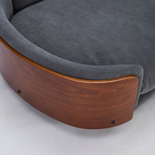 AEELLEEA Curved Wood Pet Sofa Bed, 38.6in Raised Dog Bed, Removable Washable Cushion, Mid-Century Style Elevated Cat Couch for Medium Pets