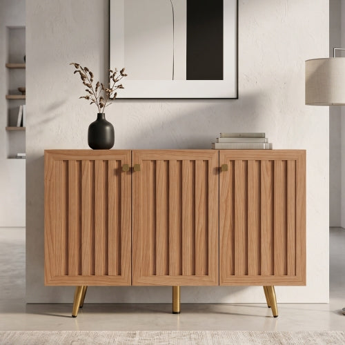 AEELLEEA Fluted Sideboard Cabinet, 46.9in 3-Door Storage Buffet Cabinet, Gold Metal Legs, Modern Accent Credenza for Entryway Living Room