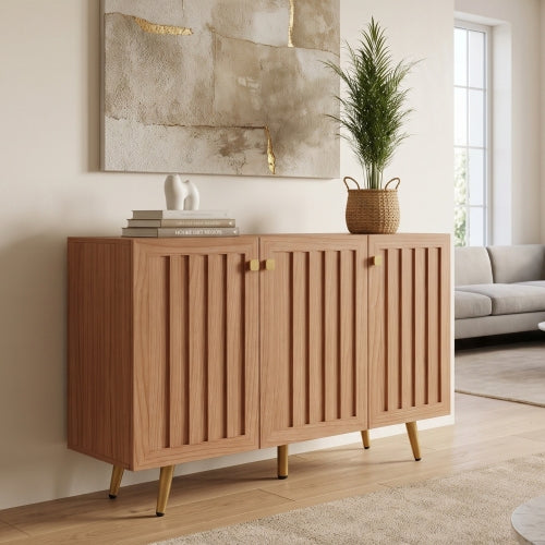 AEELLEEA Fluted Sideboard Cabinet, 46.9in 3-Door Storage Buffet Cabinet, Gold Metal Legs, Modern Accent Credenza for Entryway Living Room
