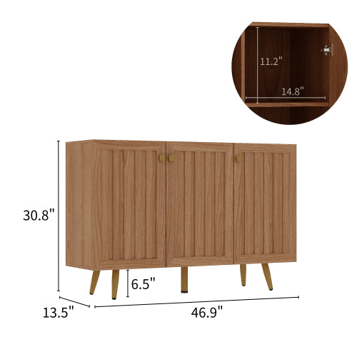 AEELLEEA Fluted Sideboard Cabinet, 46.9in 3-Door Storage Buffet Cabinet, Gold Metal Legs, Modern Accent Credenza for Entryway Living Room