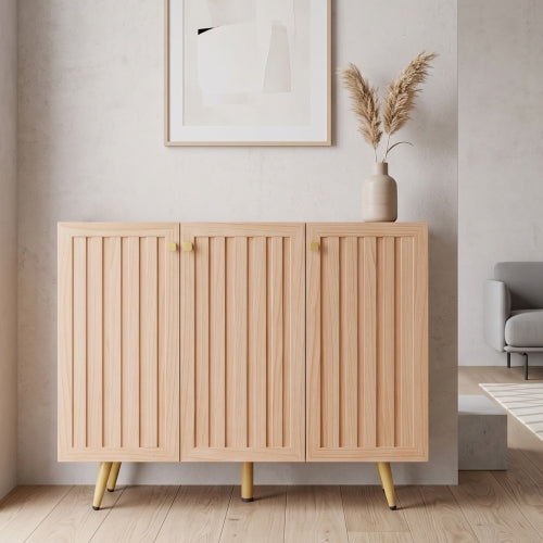 AEELLEEA Fluted 3-Door Sideboard Cabinet, 46.9in Wooden Buffet Storage Cabinet, Gold Legs, Accent Credenza for Entryway Dining Living Room