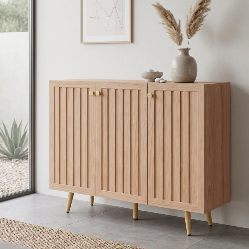 AEELLEEA Fluted 3-Door Sideboard Cabinet, 46.9in Wooden Buffet Storage Cabinet, Gold Legs, Accent Credenza for Entryway Dining Living Room