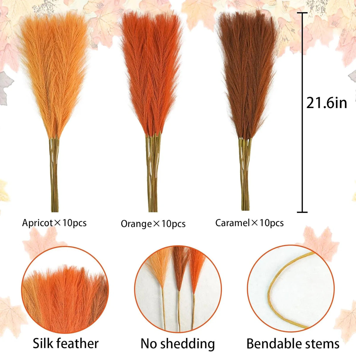 AEELLEEA 30 Pcs Artificial Pampas Grass, 21.6 in Faux Orange Pampas Stems, Fall Vase Filler for Home Wedding Centerpiece Boho Decor