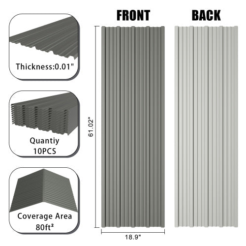 AEELLEEA Corrugated Metal Roof Panels, 10 Pack 61.02in×18.9in Galvanized Roofing Sheets, Waterproof UV Resistant for Shed, Carport, Fence