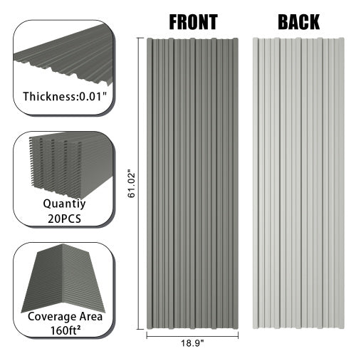 AEELLEEA Corrugated Metal Roof Panels, 20 Pack 61.02in×18.9in Galvanized Roofing Sheets, Waterproof UV Resistant for Shed, Carport, Fence