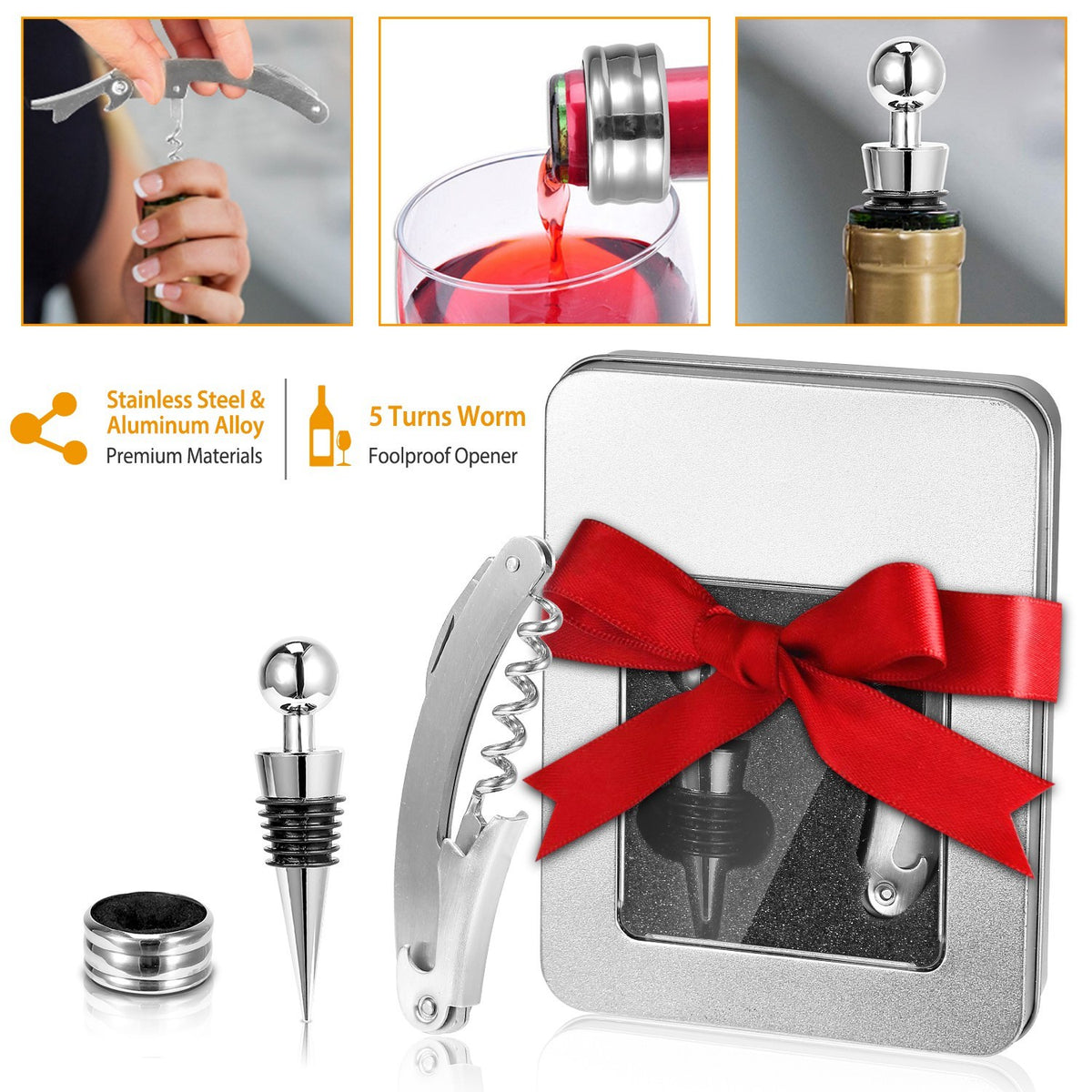 AEELLEEA Wine Bottle Opener Set, 3 in 1 Stainless Steel Corkscrew with Foil Cutter, Stopper and Drip Collar, Gift Box