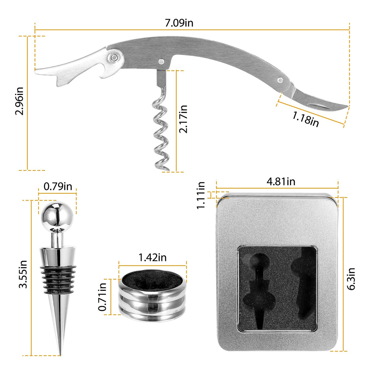 AEELLEEA Wine Bottle Opener Set, 3 in 1 Stainless Steel Corkscrew with Foil Cutter, Stopper and Drip Collar, Gift Box