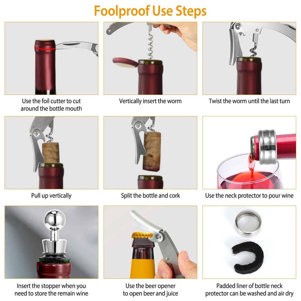 AEELLEEA Wine Bottle Opener Set, 3 in 1 Stainless Steel Corkscrew with Foil Cutter, Stopper and Drip Collar, Gift Box