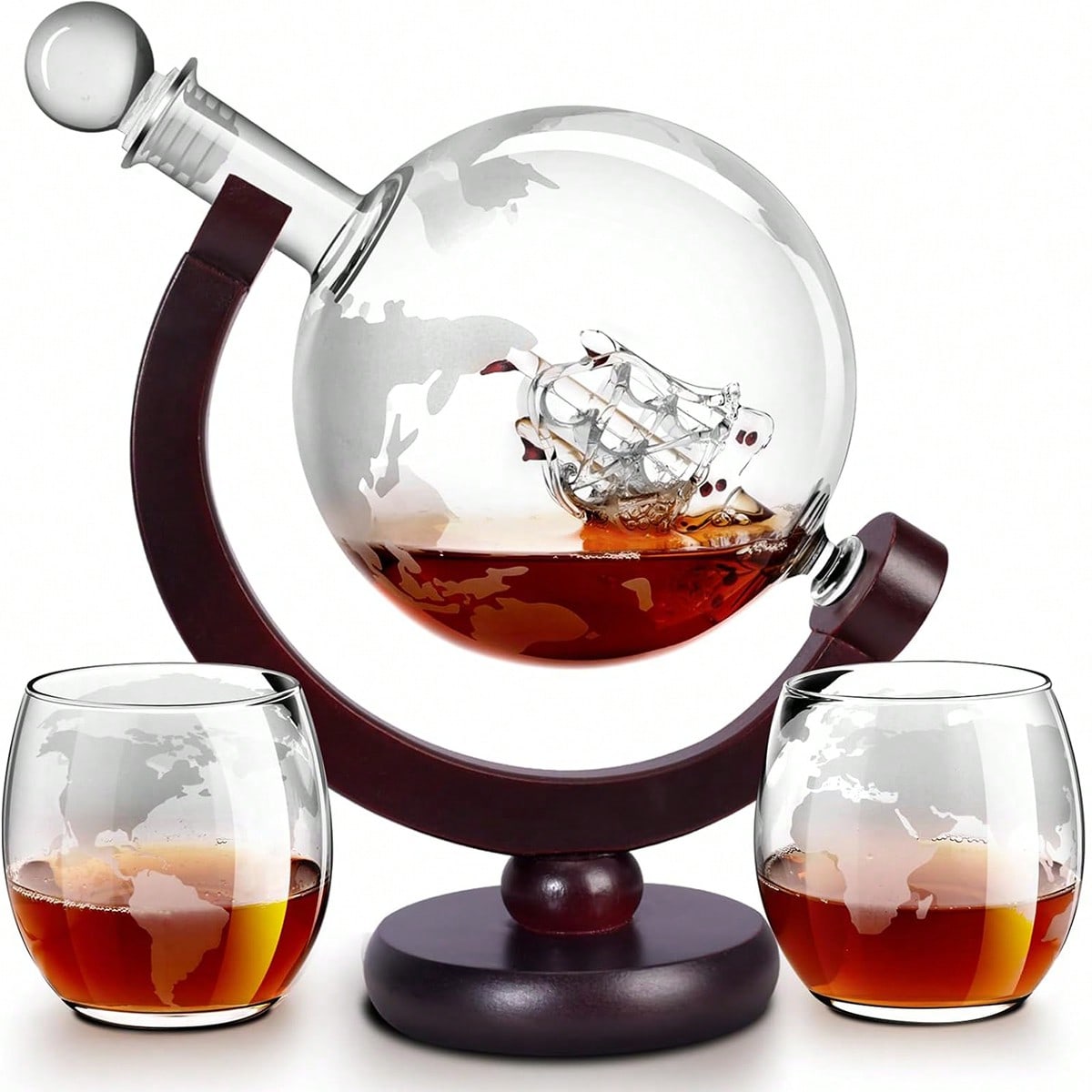 AEELLEEA Globe Whiskey Decanter Set with 2 Glasses, 850ml Etched Glass Liquor Carafe with Wood Stand, Gift for Men