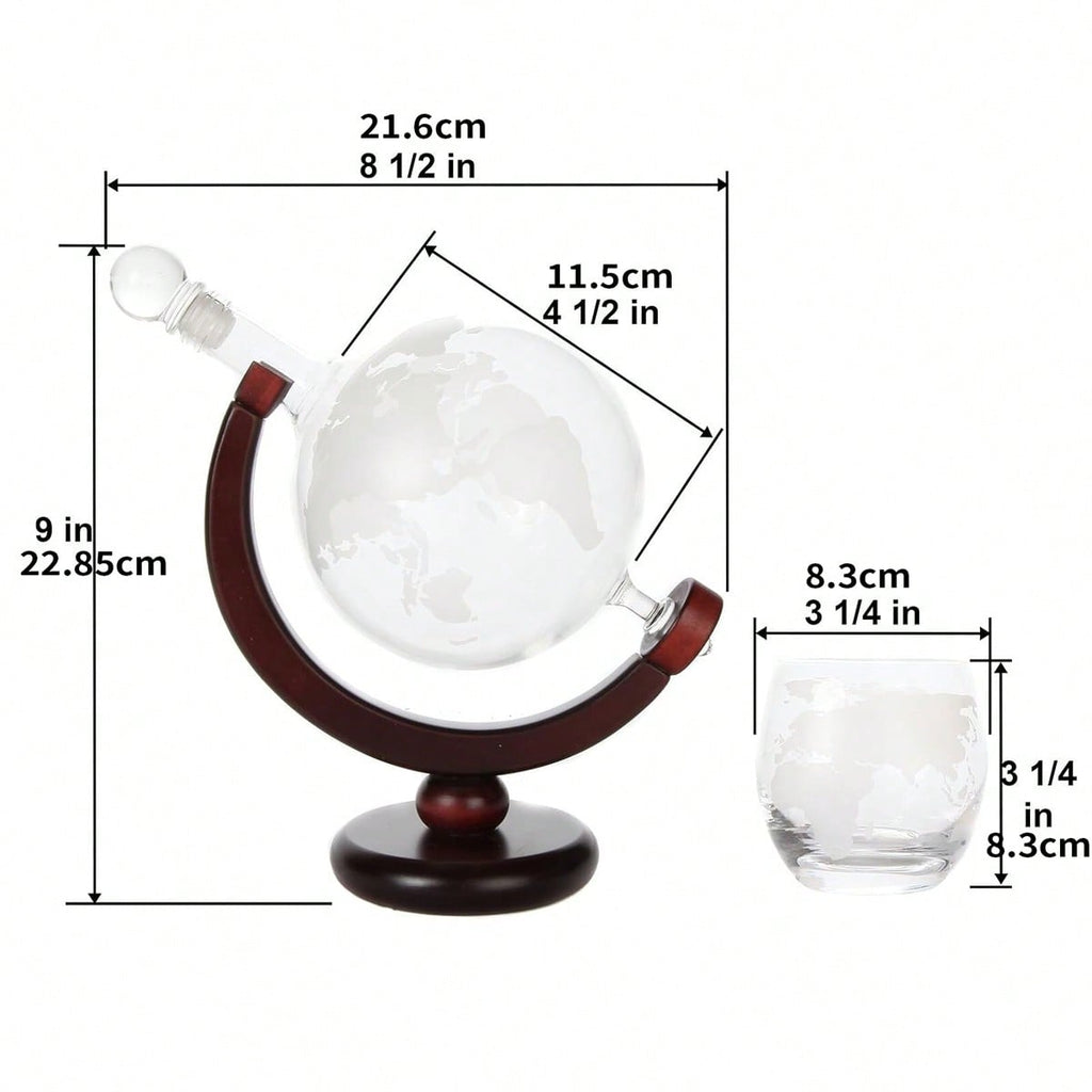 AEELLEEA Globe Whiskey Decanter Set with 2 Glasses, 850ml Etched Glass Liquor Carafe with Wood Stand, Gift for Men