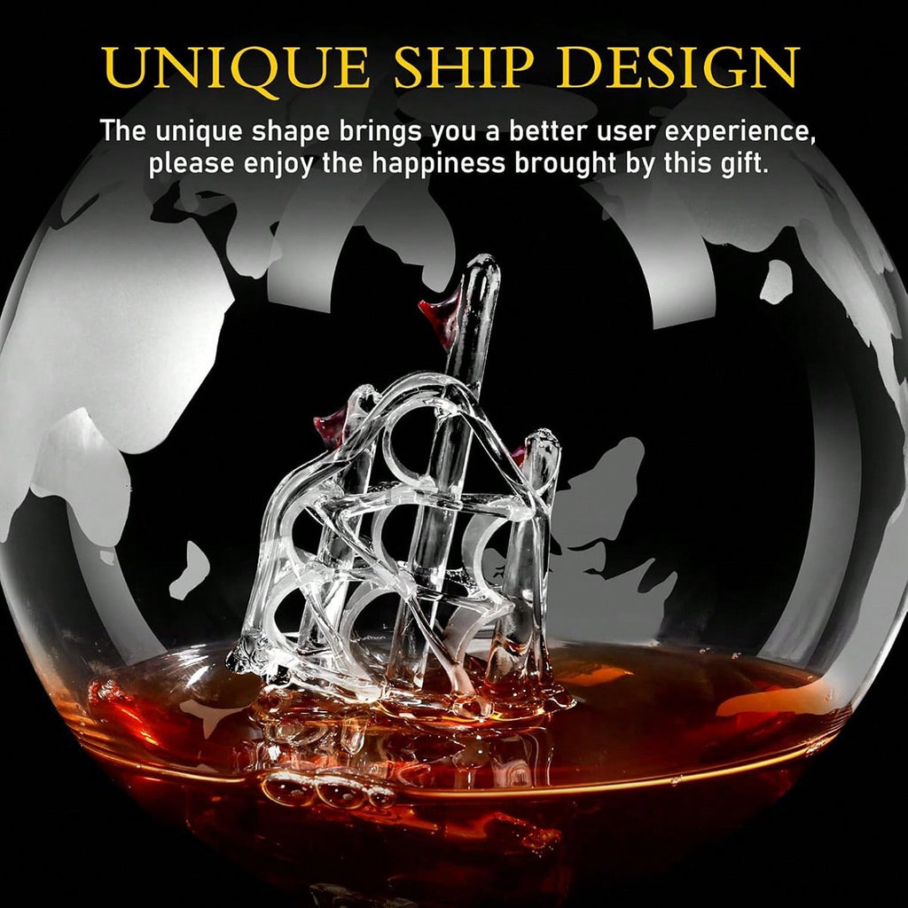 AEELLEEA Globe Whiskey Decanter Set with 2 Glasses, 850ml Etched Glass Liquor Carafe with Wood Stand, Gift for Men