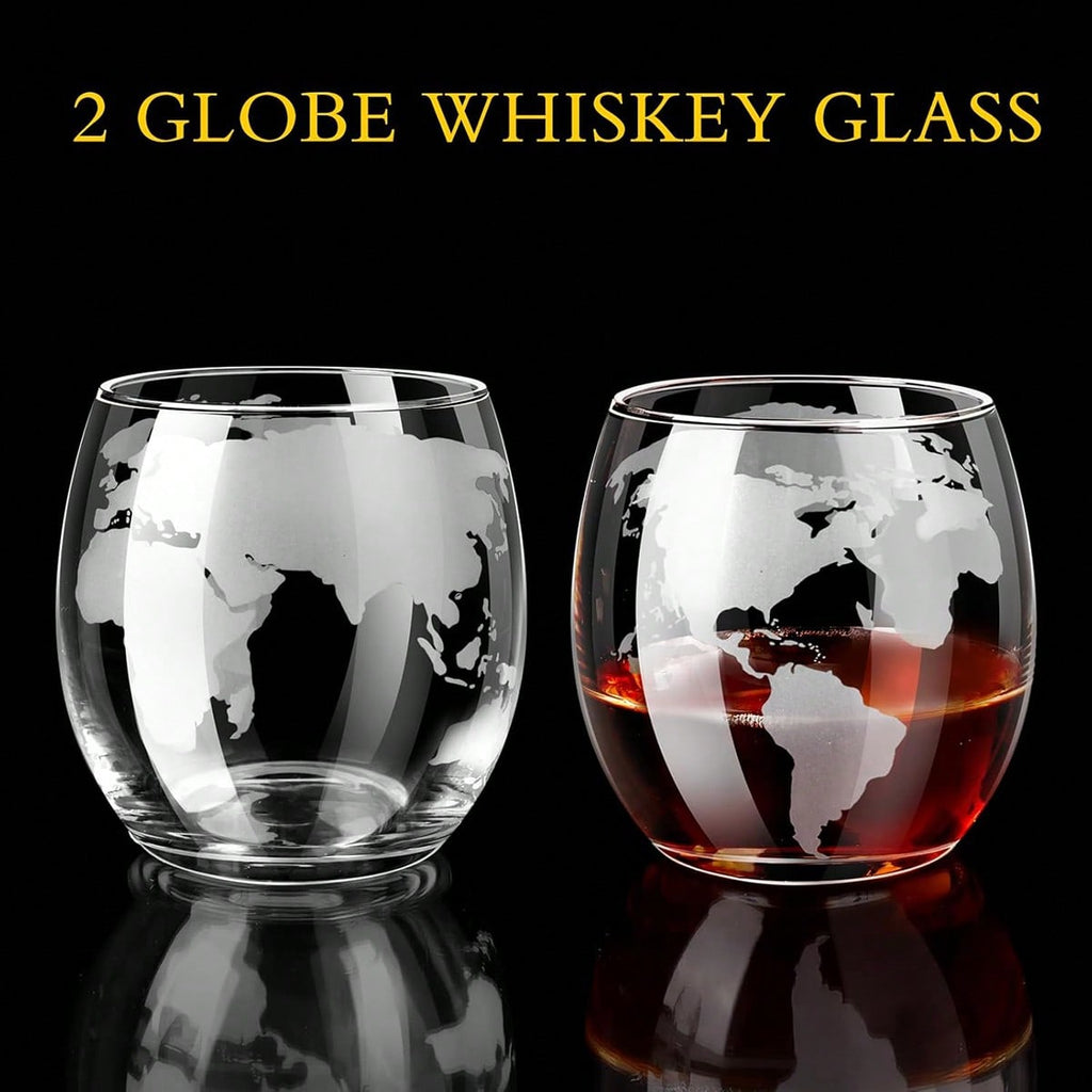 AEELLEEA Globe Whiskey Decanter Set with 2 Glasses, 850ml Etched Glass Liquor Carafe with Wood Stand, Gift for Men