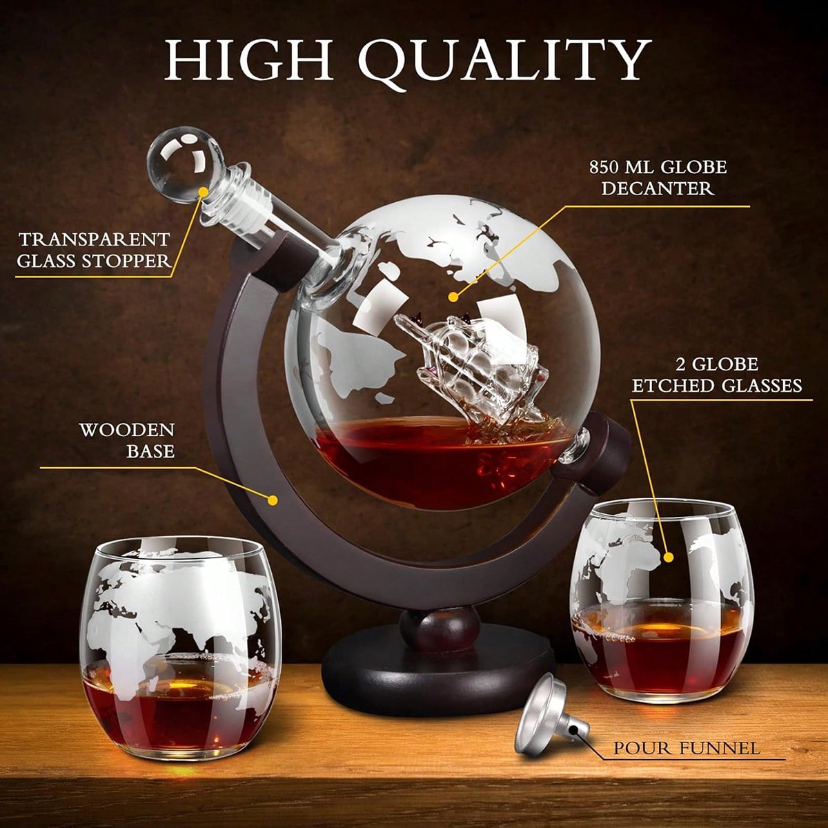 AEELLEEA Globe Whiskey Decanter Set with 2 Glasses, 850ml Etched Glass Liquor Carafe with Wood Stand, Gift for Men