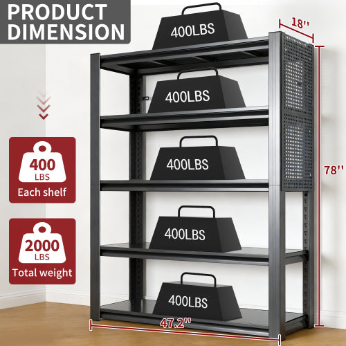 AEELLEEA 5-Tier Heavy Duty Steel Garage Storage Shelving, 47.2"W x18"D x78"H, 2000lbs Total Load, with Pegboard Tool Organizer
