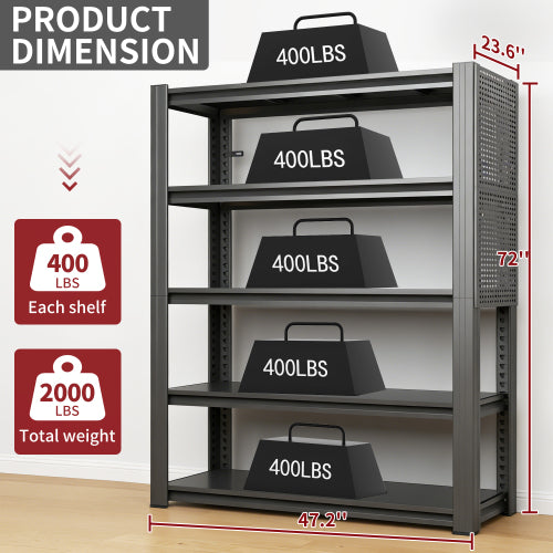 AEELLEEA 5-Tier Heavy Duty Garage Storage Shelving, 47.2"W x23.6"D x72"H, 2000lbs Total Load, Side Pegboard Tool Rack