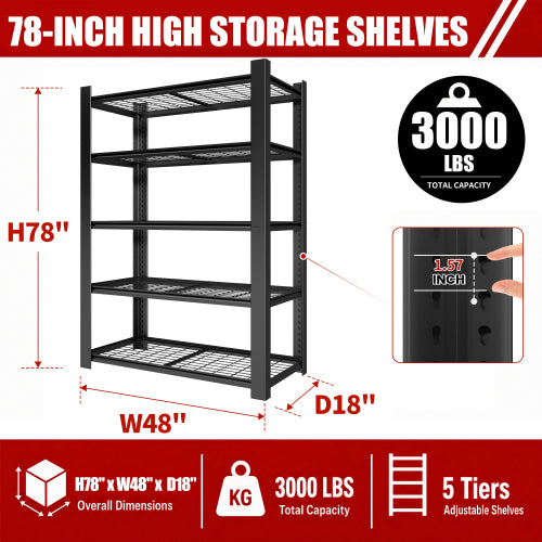 AEELLEEA 5-Tier Heavy Duty Steel Storage Shelving Unit, 48"W x18"D x78"H, 3000 lbs Total Capacity, Adjustable Wire Deck Rack