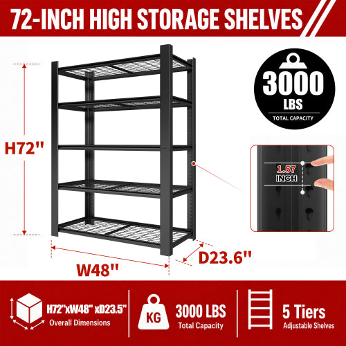 AEELLEEA 5-Tier Heavy Duty Steel Storage Shelving Unit, 48"W x23.6"D x72"H, 3000 lbs Total Capacity, Adjustable Wire Rack