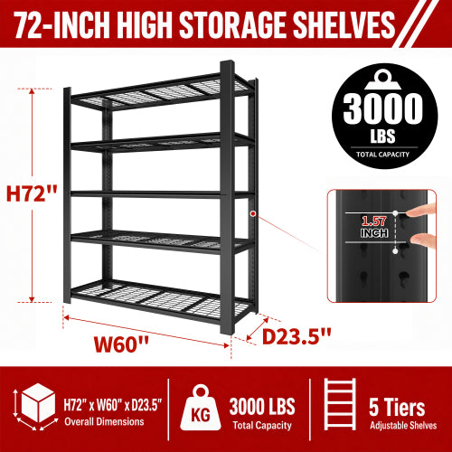 AEELLEEA 5-Tier Heavy Duty Storage Shelving Unit, 60"W x23.5"D x72"H, 3000 lbs Total Load, Adjustable Metal Wire Rack