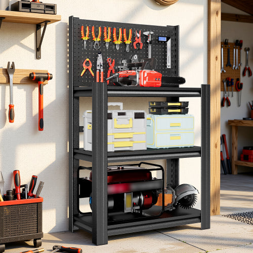 AEELLEEA 3-Tier Garage Tool Storage Rack with Pegboard, 34"W x18"D x47.2"H, 660 lbs Total Heavy Duty Metal Workbench Shelf