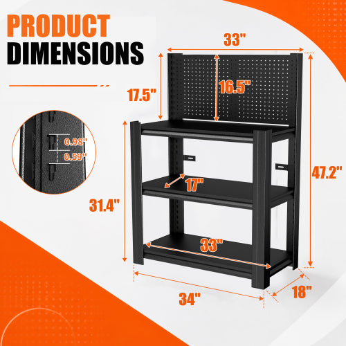 AEELLEEA 3-Tier Garage Tool Storage Rack with Pegboard, 34"W x18"D x47.2"H, 660 lbs Total Heavy Duty Metal Workbench Shelf