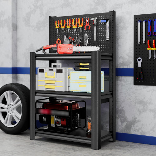 AEELLEEA 3-Tier Garage Tool Storage Rack with Pegboard, 34"W x18"D x47.2"H, 660 lbs Total Heavy Duty Metal Workbench Shelf