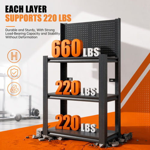 AEELLEEA 3-Tier Garage Tool Storage Rack with Pegboard, 34"W x18"D x47.2"H, 660 lbs Total Heavy Duty Metal Workbench Shelf