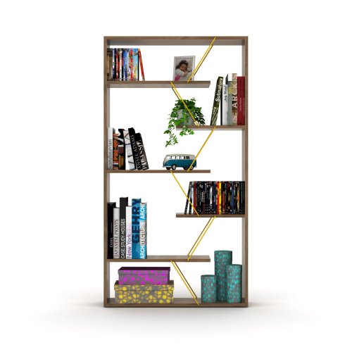 AEELLEEA Geometric Open Bookshelf, 33"W x8.6"D x62"H, Wood Display Shelf with Gold Metal Accents for Living Room