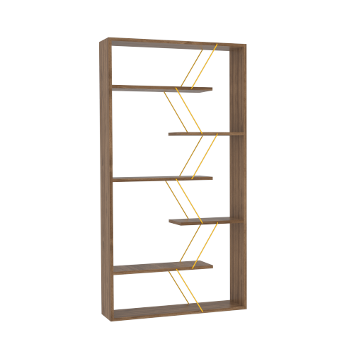 AEELLEEA Geometric Open Bookshelf, 33"W x8.6"D x62"H, Wood Display Shelf with Gold Metal Accents for Living Room