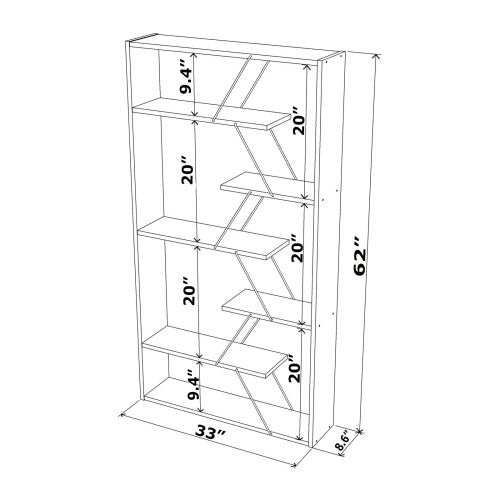 AEELLEEA Geometric Open Bookshelf, 33"W x8.6"D x62"H, Wood Display Shelf with Gold Metal Accents for Living Room