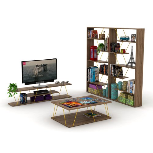 AEELLEEA Geometric Open Bookshelf, 33"W x8.6"D x62"H, Wood Display Shelf with Gold Metal Accents for Living Room