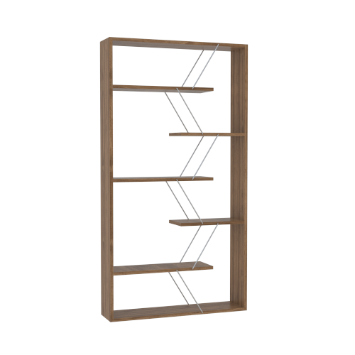 AEELLEEA Geometric Open Bookshelf, 33"W x8.6"D x62"H, Wood Display Shelf with Silver Metal Accents for Living Room
