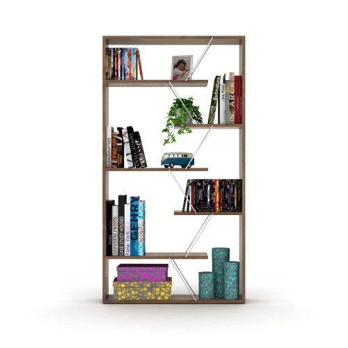 AEELLEEA Geometric Open Bookshelf, 33"W x8.6"D x62"H, Wood Display Shelf with Silver Metal Accents for Living Room