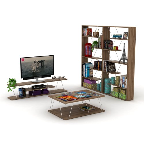 AEELLEEA Geometric Open Bookshelf, 33"W x8.6"D x62"H, Wood Display Shelf with Silver Metal Accents for Living Room