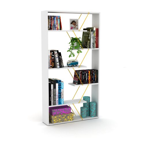 AEELLEEA White Geometric Open Bookshelf, 33"W x8.6"D x62"H, Display Shelf with Gold Metal Accents for Living Room