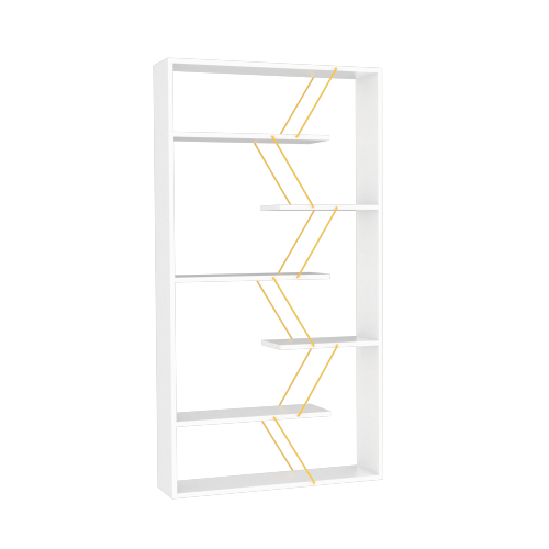 AEELLEEA White Geometric Open Bookshelf, 33"W x8.6"D x62"H, Display Shelf with Gold Metal Accents for Living Room